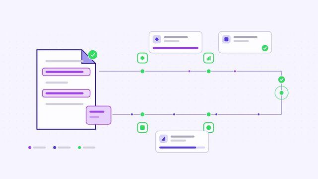 Animated output verification dual check visualised as a parallel lanes in a modern flat vector style. Smooth looping 4K motion graphic with soft purple and violet colours, floating interface cards and