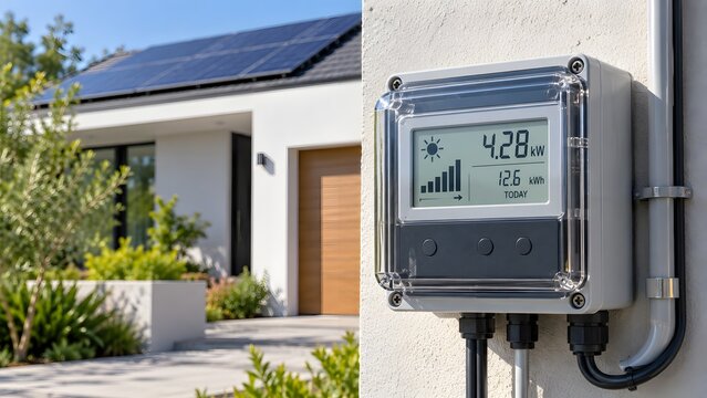 Solar energy meter on residential house exterior, renewable power system digital monitor, eco friendly modern home energy management