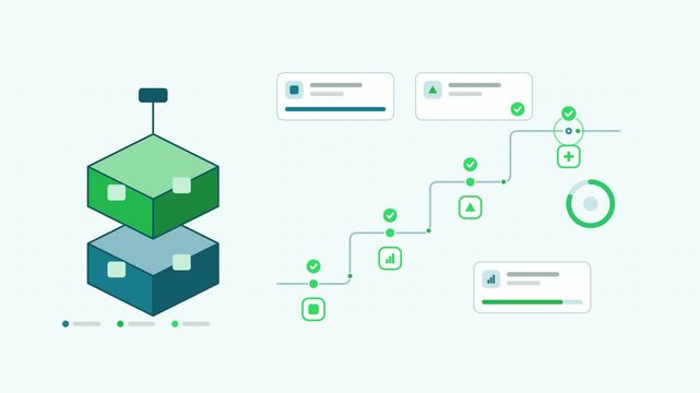 Animated modular construction site assembly visualised as a stage sequence in a modern flat vector style. Smooth looping 4K motion graphic with soft fresh green colours, floating interface cards and f