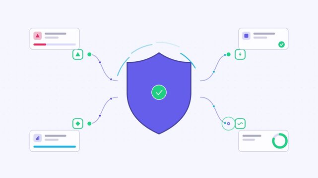 Seamless 4K looping animation showing a red team testing attack vectors presented as a process flow. Flat vector icons, UI cards and animated connector lines move across a clean light background in bl