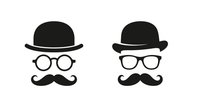 Two bowler hat silhouettes with mustache and glasses on white background