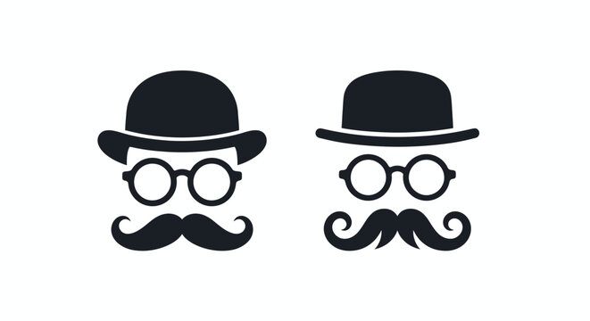 Two gentleman silhouettes with bowler hats and mustaches on a white background
