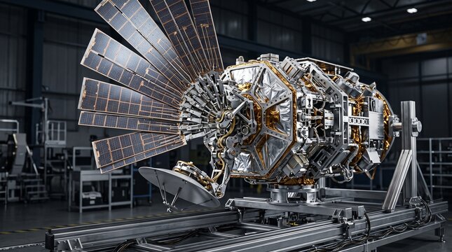 Space Exploration Satellite: An intricate and advanced satellite, featuring deployable solar arrays, is meticulously assembled and tested within a cleanroom environment.