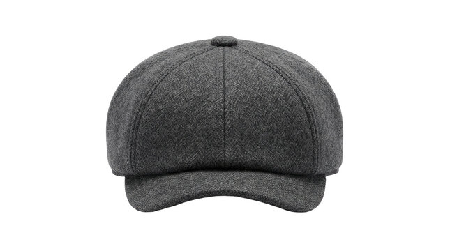 A dark grey tweed newsboy cap shown from a straight-on front view with tactile fabric texture isolated on a solid pure white background for clean minimalist e-commerce product photography composition