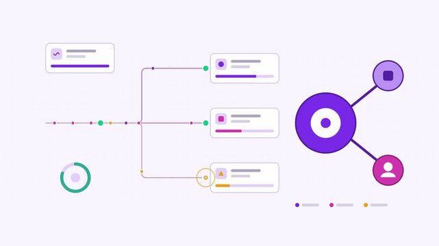 Animated fallback to human escalation visualised as a branching flow in a modern flat vector style. Smooth looping 4K motion graphic with soft purple and violet colours, floating interface cards and f
