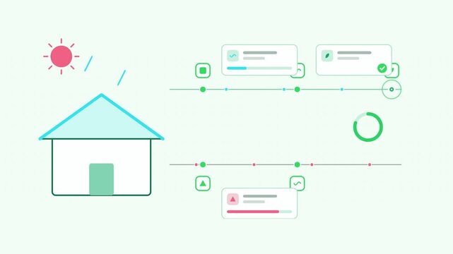 Animated cool roof coating before after visualised as a process flow in a modern flat vector style. Smooth looping 4K motion graphic with soft teal and turquoise colours, floating interface cards and 