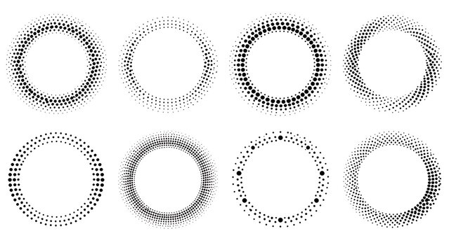 Round halftone frame. Dotted circle abstract dot halftones frames set on white background