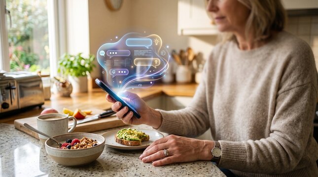 Digital Communication at Breakfast: A woman enjoys her breakfast while engaging with a messaging app on her smartphone, visually represented by glowing chat bubbles emanating from the device.