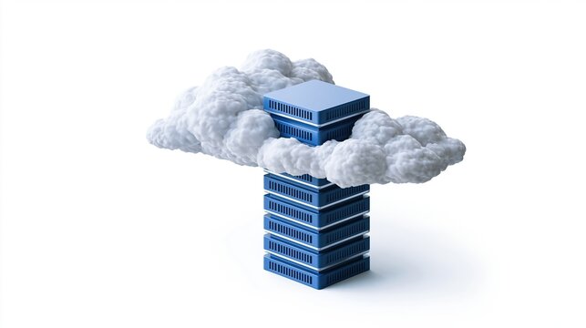 Stacked blue server racks emerging from white cloud
