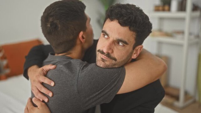 Man hugging another man on a bed in a building, arms wrapped around shoulders with hands clasping back and a visible mustache; comfort support.