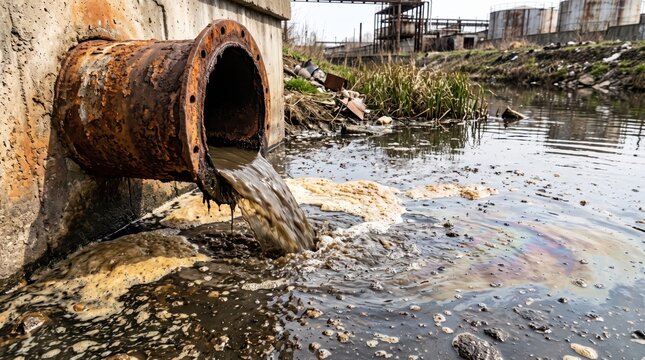Rusted pipe releasing polluted wastewater into a stream beside an industrial site. Water pollution and environmental contamination. Industrial discharge and ecosystem damage.