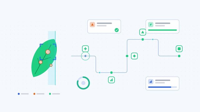 Seamless 4K looping animation showing a crop disease detection leaf diagnosis presented as a process flow. Flat vector icons, UI cards and animated connector lines move across a clean light background