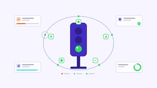 Animated traffic signal optimization phase visualised as a loop cycle in a modern flat vector style. Smooth looping 4K motion graphic with soft blue and azure colours, floating interface cards and flo