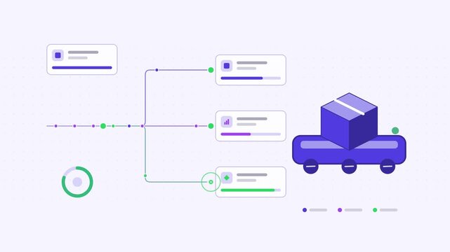 Animated warehouse robot routing aisle paths visualised as a process flow in a modern flat vector style. Smooth looping 4K motion graphic with soft blue and azure colours, floating interface cards and