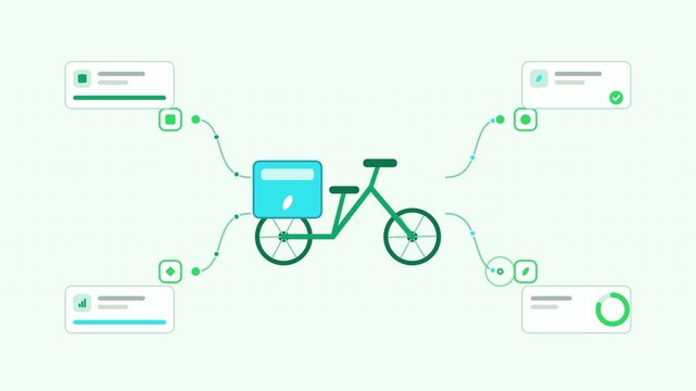Seamless 4K looping animation showing a cargo bike delivery district stops presented as a process flow. Flat vector icons, UI cards and animated connector lines move across a clean light background in