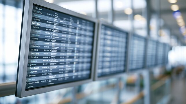 Airport departure boards displaying flight information