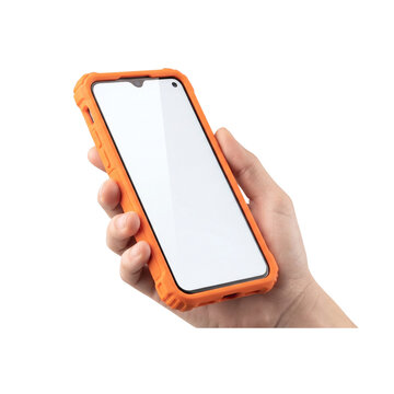 Person holding modern smartphone with orange protective case isolated on white background mobile phone blank screen mobile device smartphone technology communication isolated cellphone