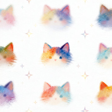 Seamless Pattern of Soft Pastel Glitter Cat Heads
