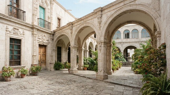 arequipa historic sillar stone architecture courtyard with arches and plants