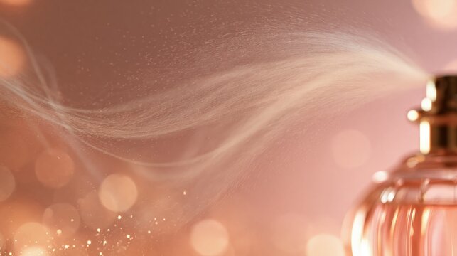 Rose perfume bottle spraying mist with bokeh lights