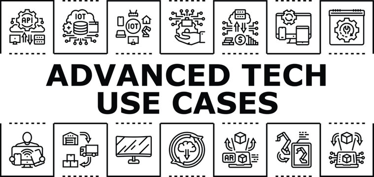 Advanced tech use cases banner infographic. Nanotech augmentation, cloud ai, drones iot icon vector illustration