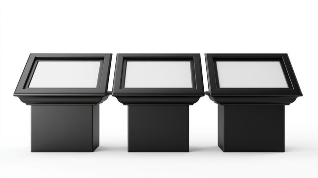 Three black interactive kiosks with white screens