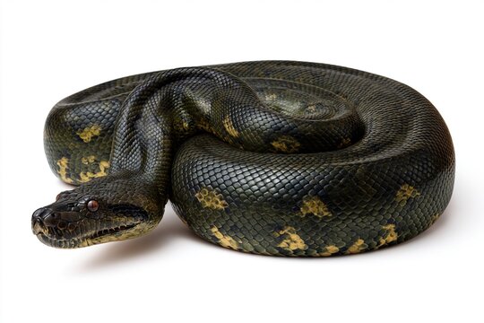 Coiled green and black python snake isolated on