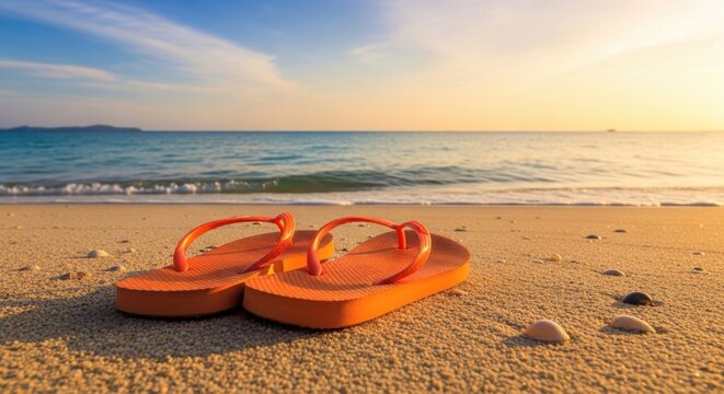 Orange Flip Flops on Sandy Beach at Golden Sunset