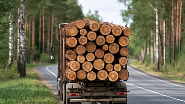 Heavy truck transporting cut logs along forest road