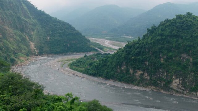 Aerial drone footage over the Zhuoshui River in Taiwan