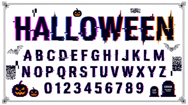 Futuristic digital halloween themed font with letters numbers and symbols displayed in a glitch effect