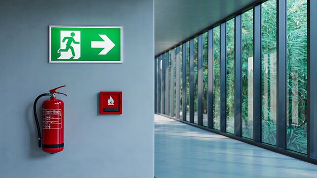 Emergency exit sign and fire extinguisher in modern building corridor