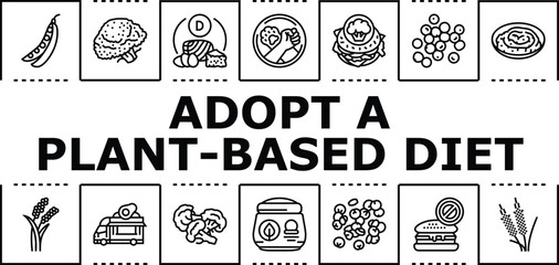 Fototapeta premium Adopt a plant-based diet banner infographic. Sustainable nutrition, vegan fruits, wellness protein icon vector illustration