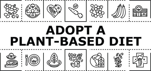 Fototapeta premium Adopt a plant-based diet banner infographic. Health organic, vegan sustainable, environment grains icon vector illustration