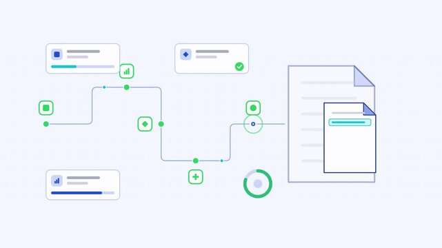 Animated summarization pipeline document condensing visualised as a process chain in a modern flat vector style. Smooth looping 4K motion graphic with soft soft neutral colours, floating interface car