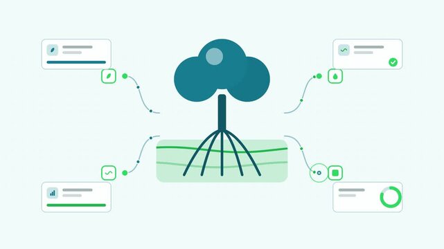 Animated mangrove protection coastal zone visualised as a node network in a modern flat vector style. Smooth looping 4K motion graphic with soft teal and turquoise colours, floating interface cards an