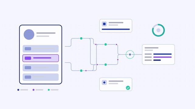 Seamless 4K looping animation showing a resume parsing field extraction presented as a node network. Flat vector icons, UI cards and animated connector lines move across a clean light background in pu
