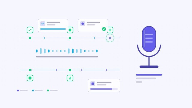 Animated meeting transcription audio text visualised as a parallel lanes in a modern flat vector style. Smooth looping 4K motion graphic with soft blue and azure colours, floating interface cards and 