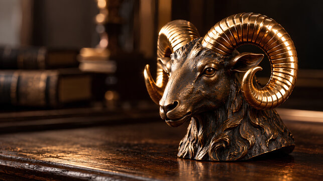 Antique solid bronze ram head sculpture with polished glowing golden horns
