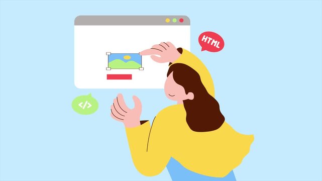 A female web developer interacts with a browser interface to design a website UI with HTML code symbols