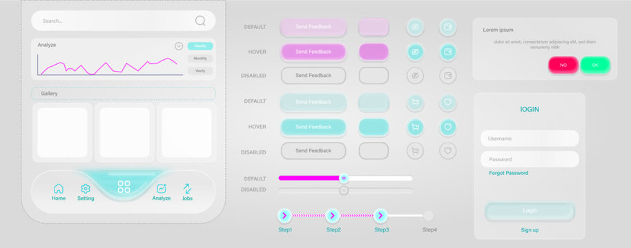 Web and app UI kit with soft glossy buttons, sliders and bottom nav bar.