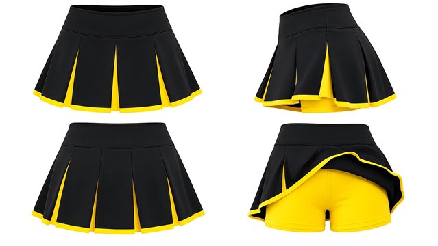 Black and yellow four pleated tennis skort isolated women  on white background