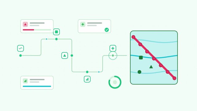 Seamless 4K looping animation showing a river plastic barrier collection presented as a process chain. Flat vector icons, UI cards and animated connector lines move across a clean light background in 