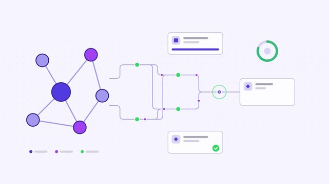 Animated knowledge graph building entity visualised as a node network in a modern flat vector style. Smooth looping 4K motion graphic with soft blue and azure colours, floating interface cards and flo
