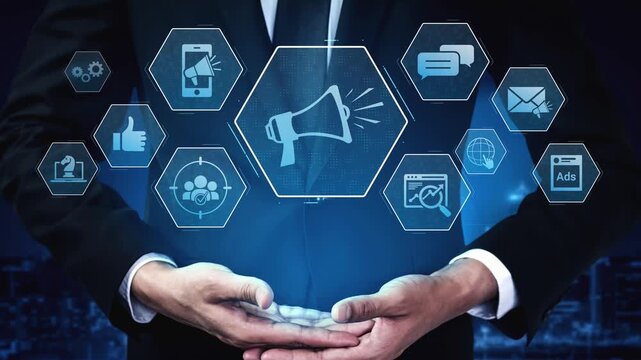 Digital marketing promotion strategy using megaphone, social media marketing, digital ads video content, communication, analytics, and global branding advertisement for business outreach Marrow