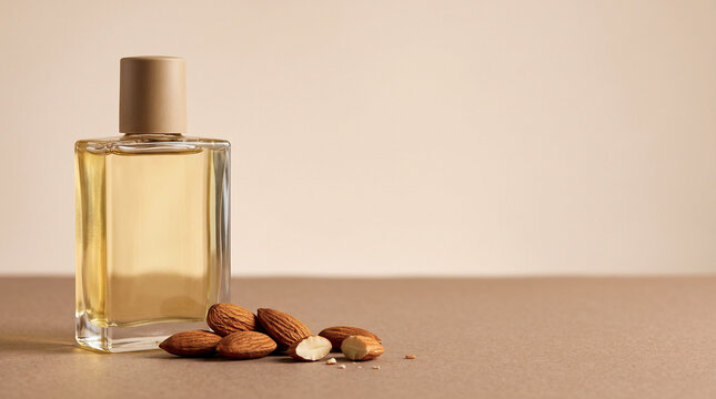 Golden Body Oil Bottle with Almonds on Taupe Surface