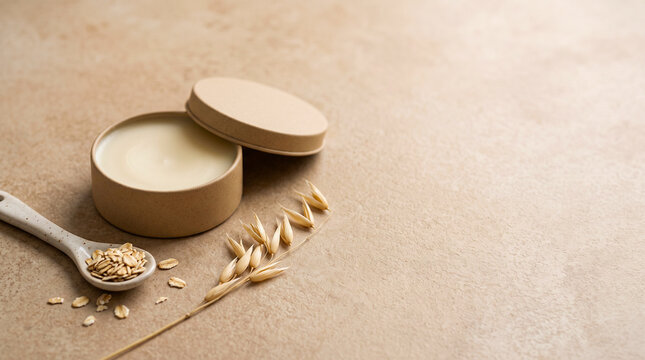 Open Skincare Balm Tin with Oat Flakes on Beige Background