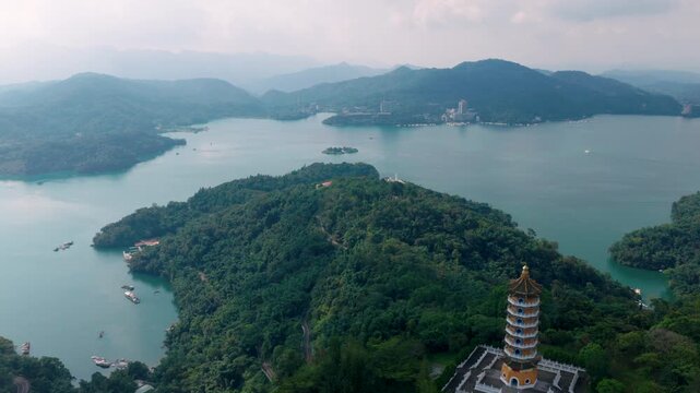 Aerial view of Ci'en Pagoda and surrounding landscape at Sun Moon Lake in Taiwan