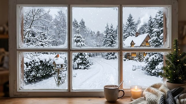 Snowy winter scene through window cabin bird feeder christmas tree.
