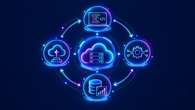 Futuristic Neon Cloud Computing Concept with Data Storage Server and Digital Network Connection Icons on Dark Blue Background for Information Technology Services and Global Infrastructure.